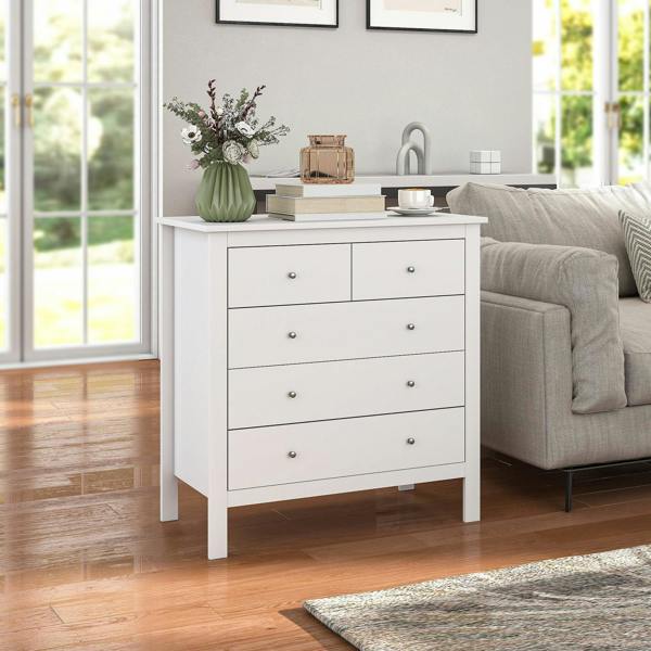 White 5-drawer dresser with round metal knobs and tabletop, modern chest of drawers