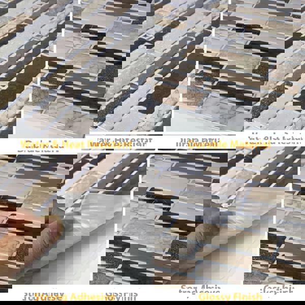 WT3D1825 - Brown Stone Glossy Mosaic 3D Tile Sticker 30.5 x 30.5cm (12 x 12 in) - 10pcs in a pack