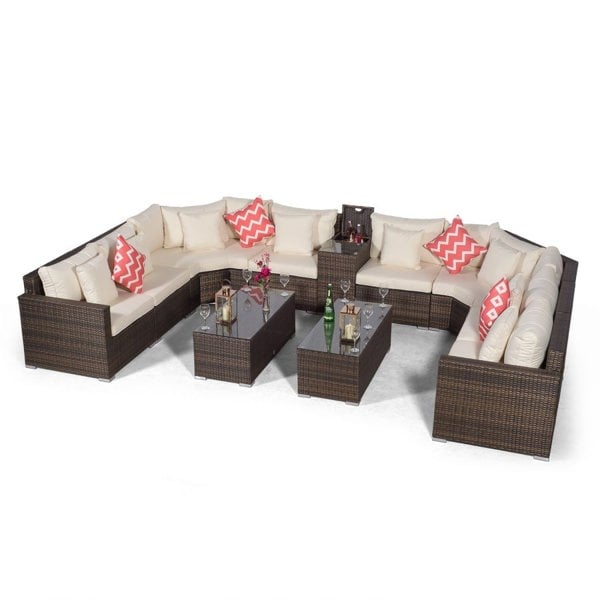 Giardino Santorini U Shape Modular 8 Seat Rattan Sofa Set With Armrest Drinks Cooler & 2 Coffee Tables