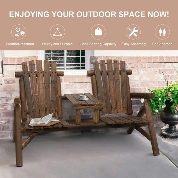 Carbonized wood two-seat patio bench with center table and slatted arms.