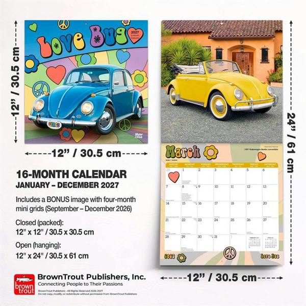 Love Bug, VW Beetle Calendar 2027, Wall Calendars, Month To View, Transport, Gift