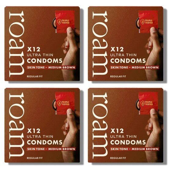 Roam Medium Brown Skin Tone Condoms - Ultra Thin Regular Fit - 48 Pack (4 x 12)