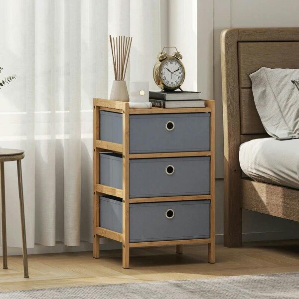 Chest of Drawers, 3 Fabric Drawers Narrow Dresser with Bamboo Frame, Light Grey - Light Grey