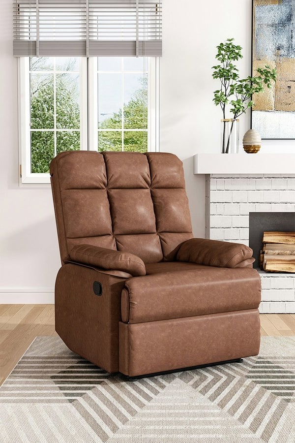 Living and Home Brown Checkered Faux Leather Upholstered Recliner Armchair