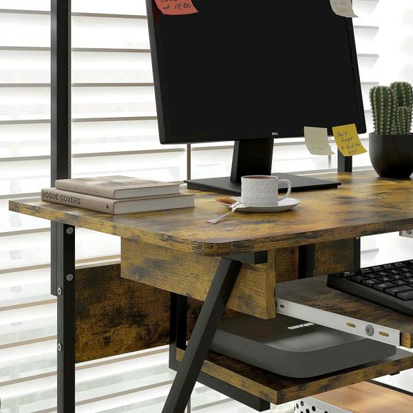 Multi-storage work desk with sliding keyboard tray and lower shelf, rustic brown desk top