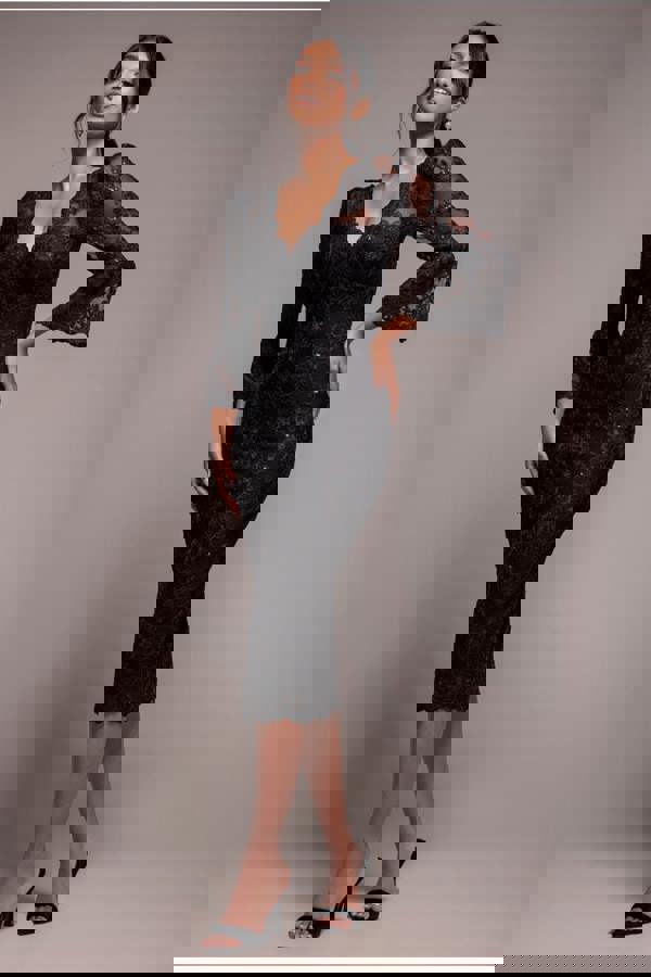 Sequin Scallop Lace Midi Dress - Black DR3960