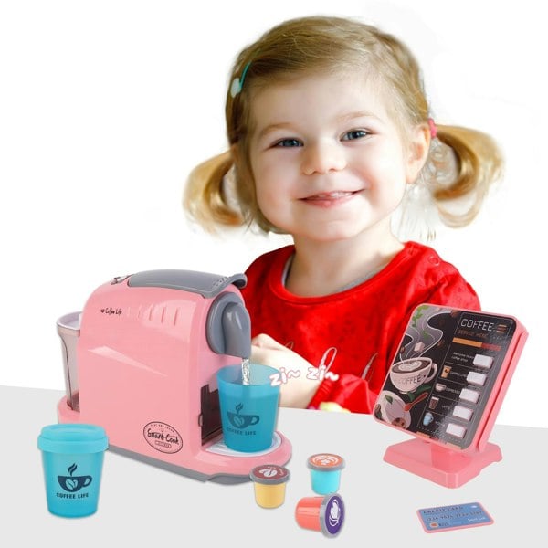 deAO Toys Kids Coffee Machine Toy with Lights, Sounds, and Order Broadcast – Interactive Pretend Play Kitchen Appliance, Perfect Gift in Pink