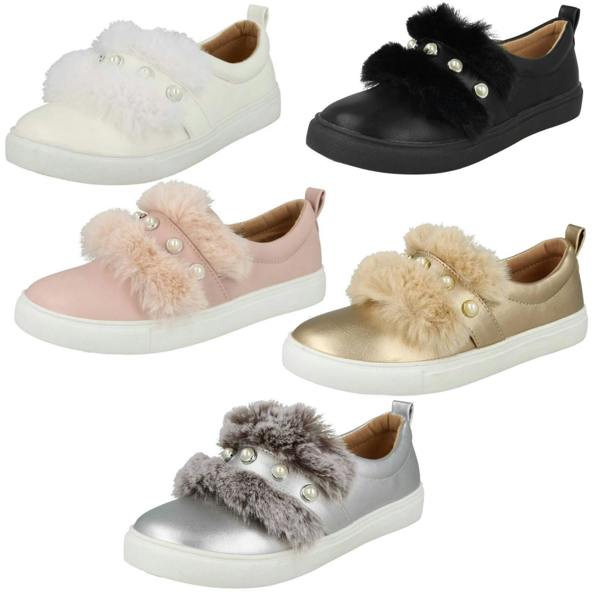 Spot On Girls Spot On Faux Pearl Strap Fur Trim Shoes