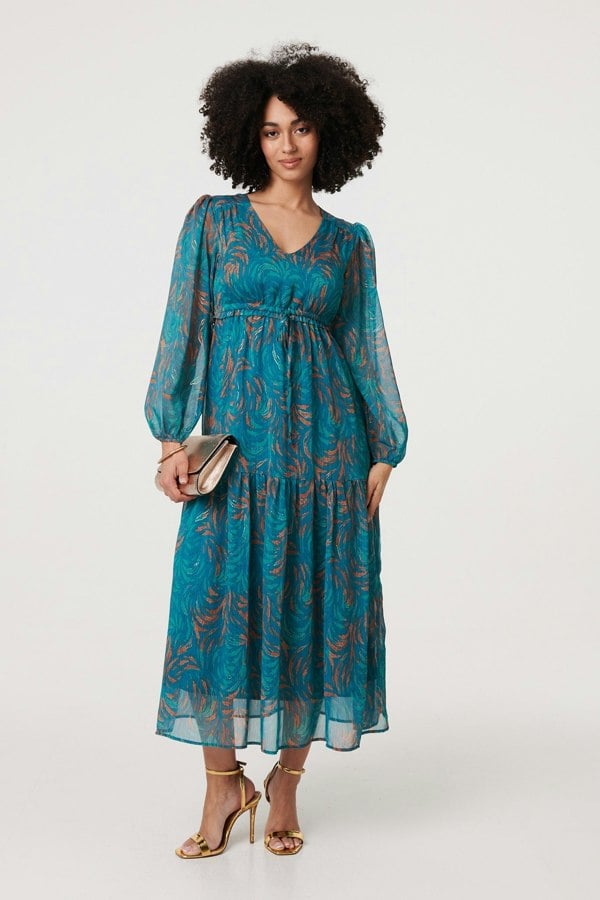Teal | Leaf Print Sheer Tie Waist Maxi Dress
