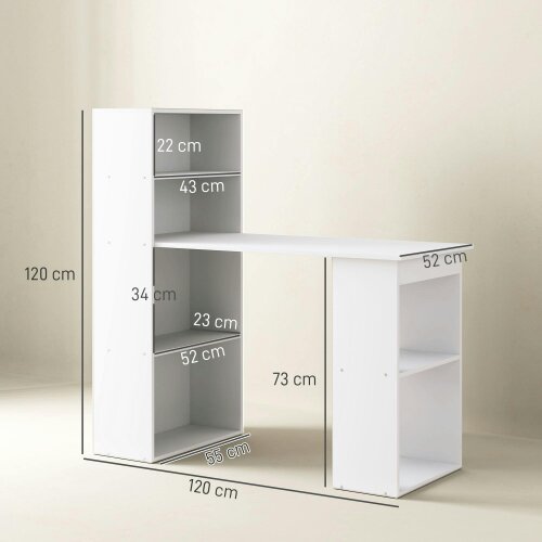 Wyld Haus Zire 120cm Wooden White Study Desk With 6 Tier Bookshelf Storage