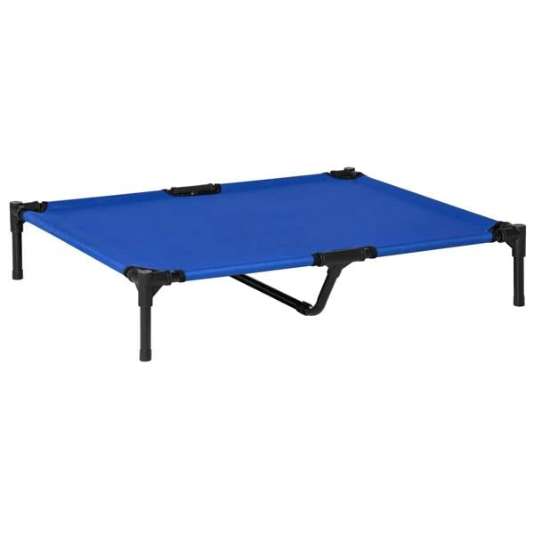 Blue elevated pet bed with black metal frame and stretched fabric top