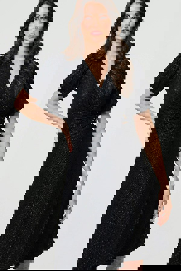 Black | Sparkly Short Sleeve Belted Wrap Dress