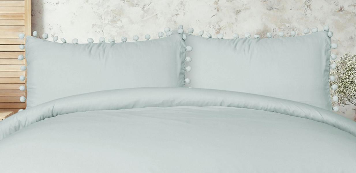 Smart Living Luxury Super Soft Pom Pom Duvet Cover with Pillowcases - Duck Egg