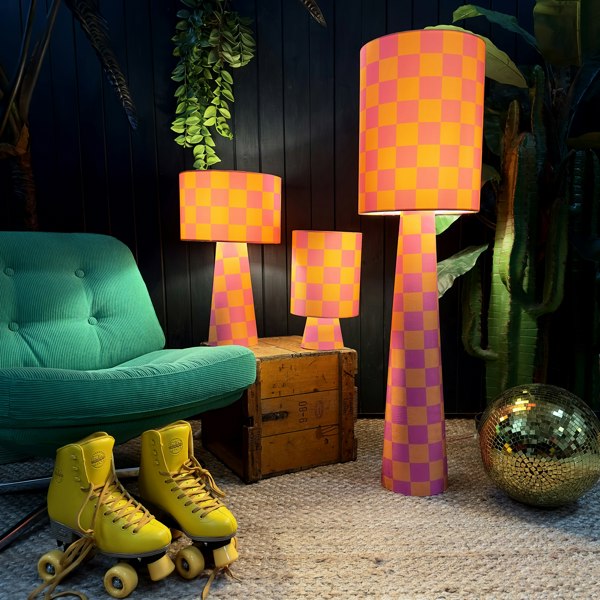 Handmade Checkerboard Velvet lamps in Tutti Frutti . Orange and Pink Checkerboard Lamps. Available in 3 sizes