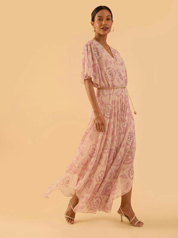 Rose & Nancy Mali Pink Print Beaded Maxi Dress