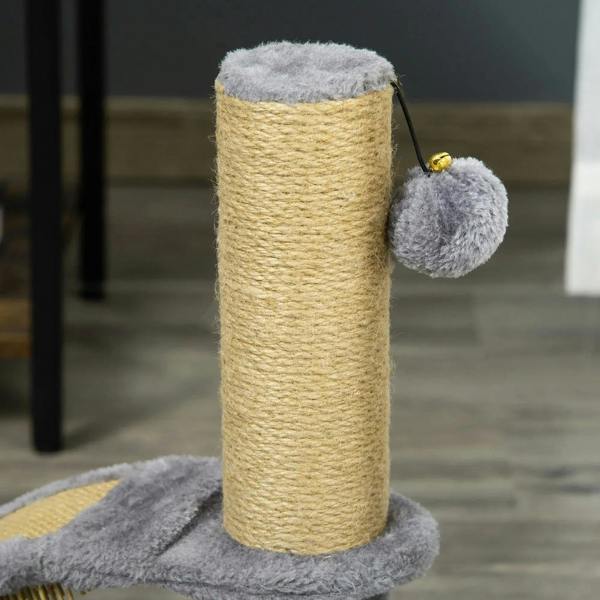 Grey cat tree base with sisal-wrapped post and hanging bell ball toy