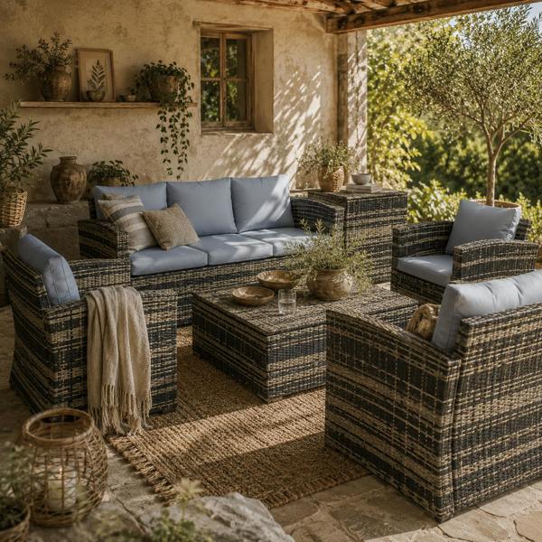 Wyld Haus Vaveyo Rattan Grey 7 Seater Outdoor Sofa Set With Storage Tables And Cushions