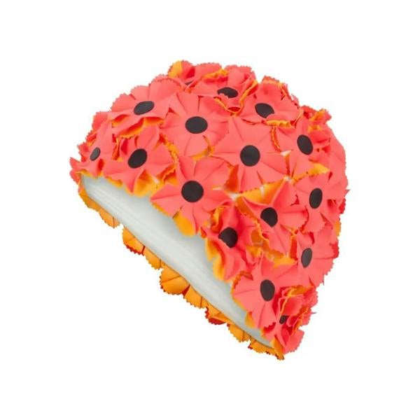 Fashy rubber flower swim cap in coral orange floral with black polka dots