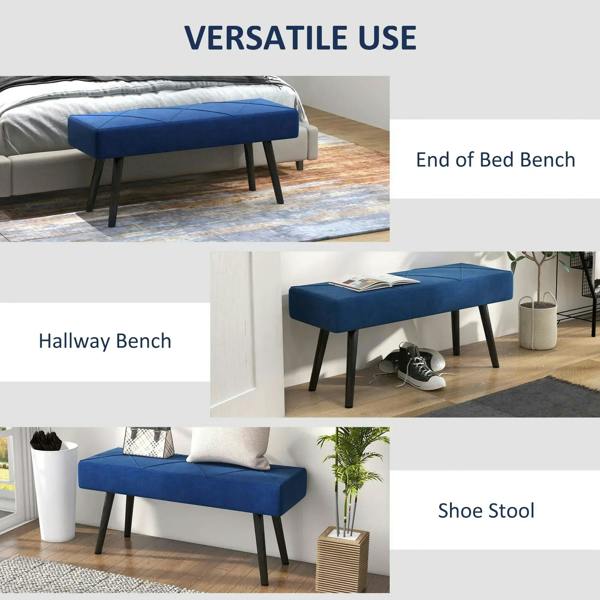 Blue upholstered bench with black legs, shown as a hallway or end-of-bed seat