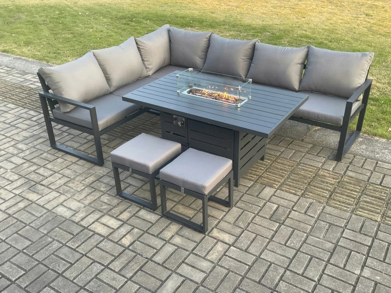 Fimous Aluminium Patio Outdoor Garden Furniture Corner Sofa Set Gas Fire Pit Dining Table with 2 Small Footstools Dark Grey