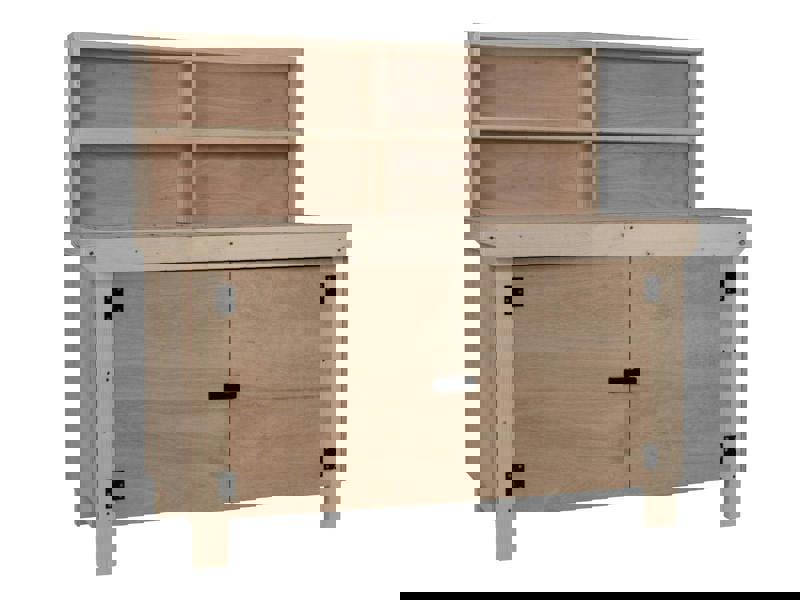 Arbor Garden Solutions Wooden Eucalyptus hardwood top workbench with lockable cupboard (V.9) with back panel and double shelf