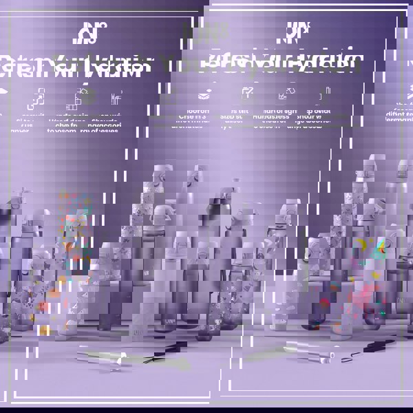 Several purple water bottles, various sizes and designs, are displayed on a lavender surface; some feature whimsical illustrations. A straw and carrying strap are included. "ION8 Refresh Your Hydration" is prominently featured at the top. The text also details material options, sizing, designs and accessories.