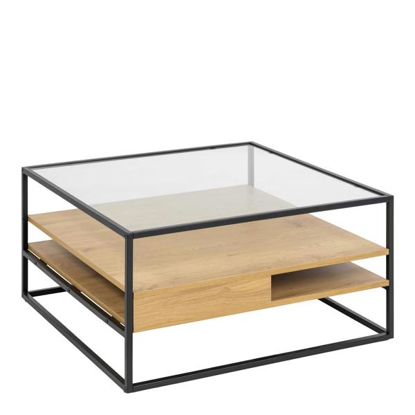 Wyld Haus Wrenna Black and Natural Oak Effect Square Coffee Table 2 Shelves Glass Top
