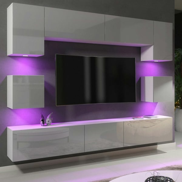 Mex Furniture Modern Wall TV Unit 9 Elements – White Matt Body and Grey Gloss Doors – Free RGB LED