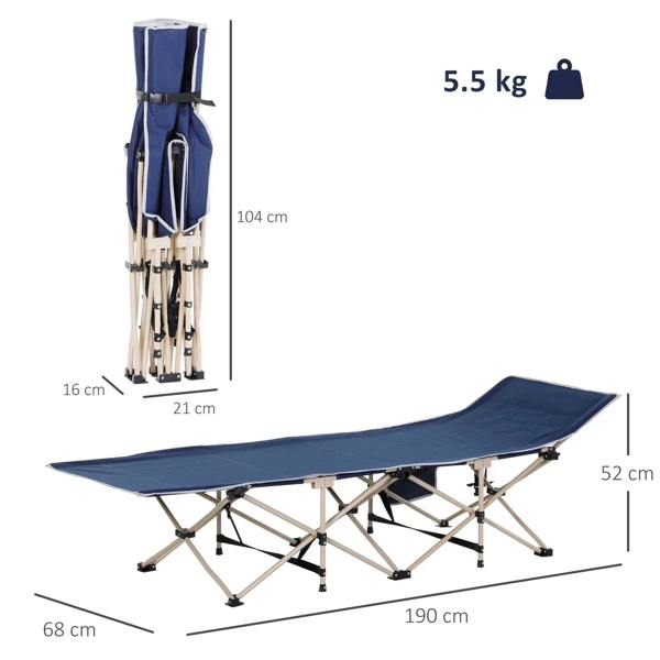 Blue single-person folding camping cot with navy fabric top and compact folded frame