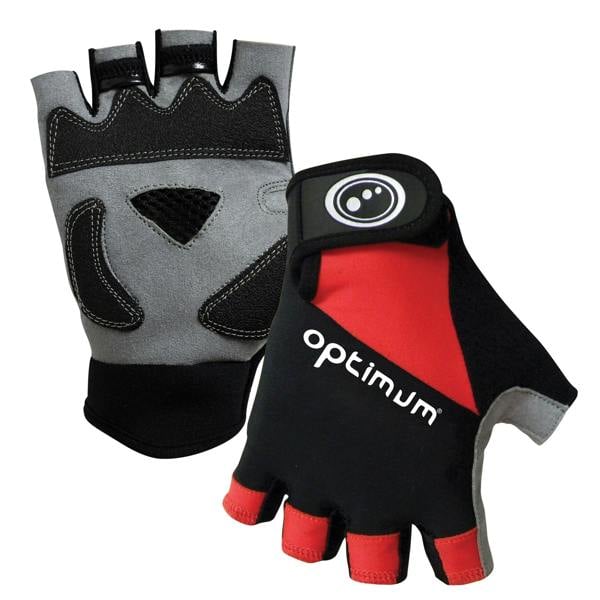 Pair of red and black Hawkley half-finger cycling gloves with grey padded palm and white logo - Optimum