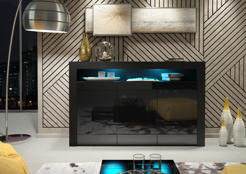 Mex Furniture 155cm Sideboard TV Stand Cupboard Cabinet – Black High Gloss Doors with Free LED