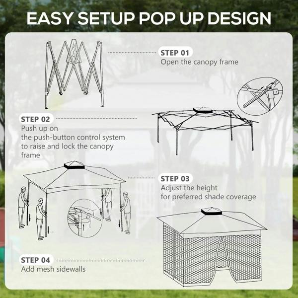 Pop-up gazebo frame and canopy setup diagram with adjustable height steps