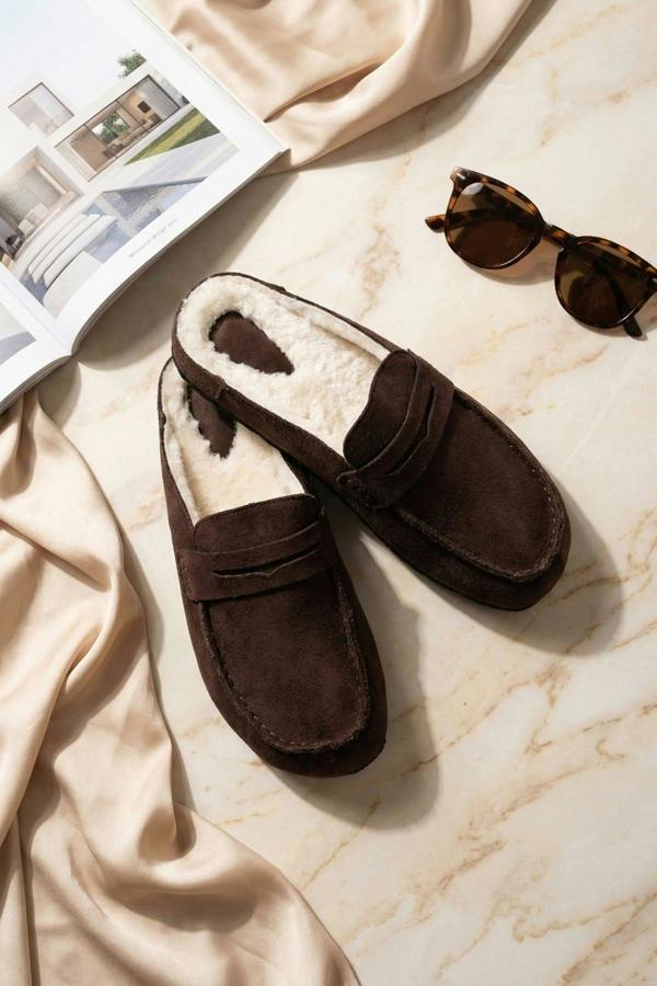 Nuala Faux Suede Fur Lined Mules - Brown