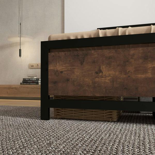 Single metal bed frame with headboard and underbed storage, rustic brown panel and black legs