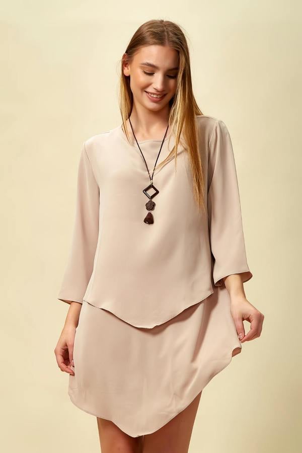Hoxton Gal Oversized 3/4 Sleeve Layered Top in Beige