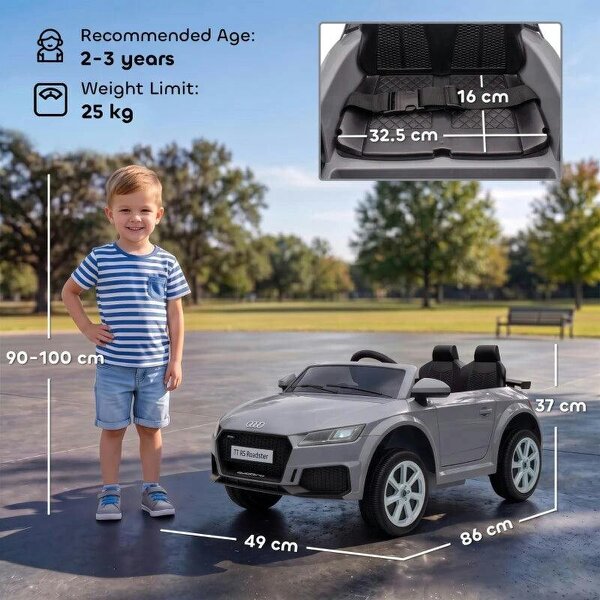 12V Audi TT RS Licensed Electric Car, Electric Ride On Toy with Remote Control, Dual Motors, 4-Wheel Suspension, Grey