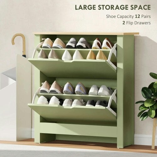 Wyld Haus Wooden Green Slim Shoe Cabinet With 2 Flip Drawers For 12 Pairs