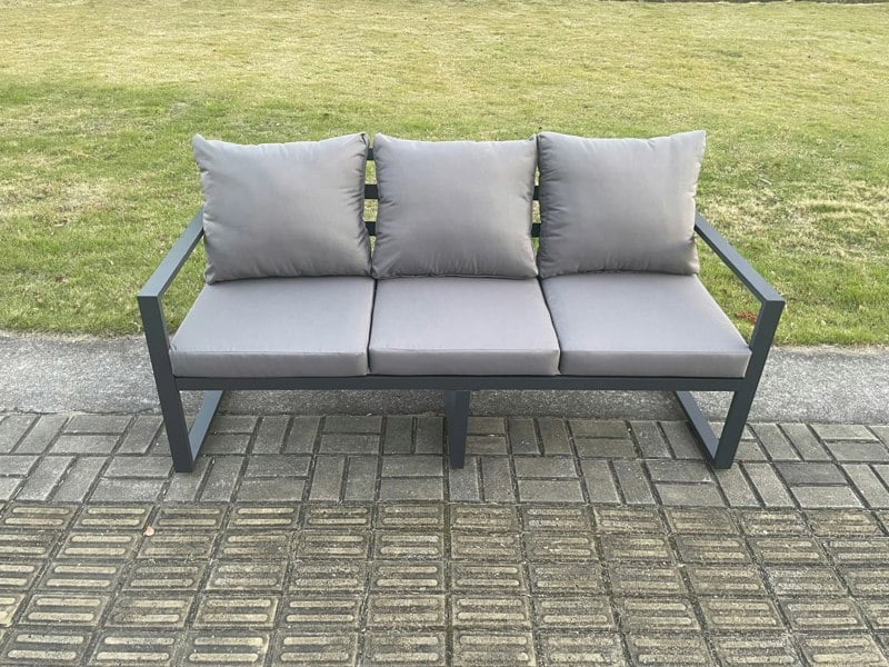 Fimous Aluminium 6 Pieces Garden Furniture Sofa Set with Cushions 8 Seater Gas Fire Pit Dining Table Set with Side Table Big Footstool Dark Grey