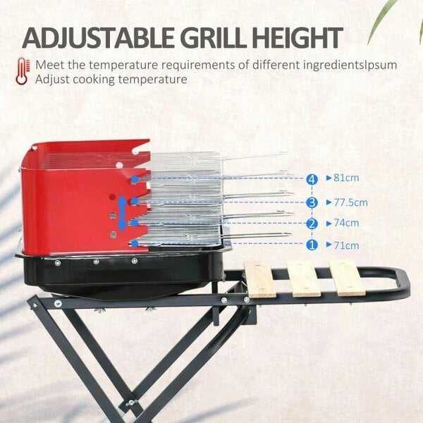 Bobobiy Charcoal Trolley BBQ Barbecue Grill Patio Camping Picnic Garden Party Outdoor Cooking with Windshield and Wheels Side Trays, Black/Red