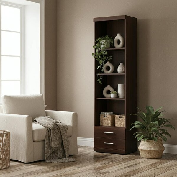 Wyld Haus Sonderborg Dark Mahogany Tall Narrow Cabinet Open Shelving 2 Drawer