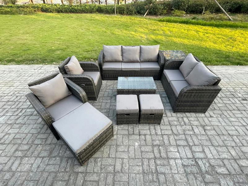 Fimous 10 Seater Wicker Patio Set, Garden Furniture, Coffee Table, Reclining Chair, Loveseat Sofa, Side Table and 3 Footstools, Dark Grey Mixed
