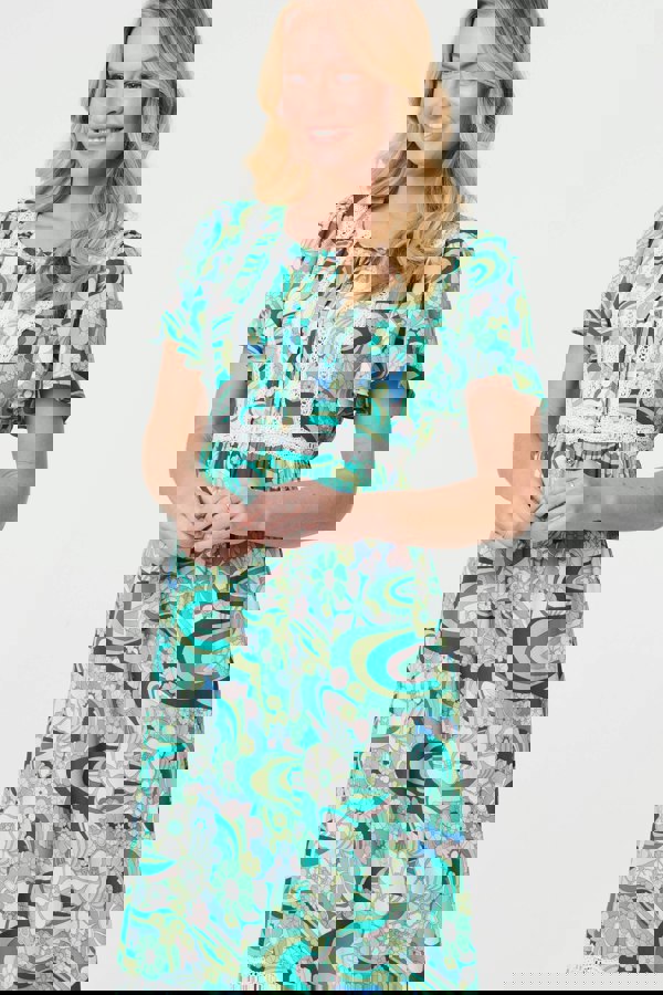 Green | Abstract Lace Trim Tie Neck Midi Dress
