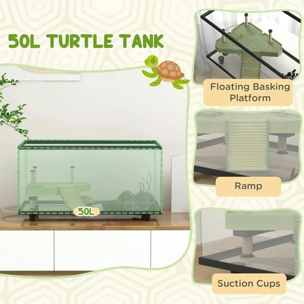50L glass turtle tank with black frame and floating basking platform, ramp access