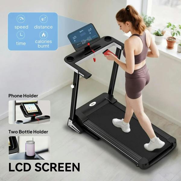 Black treadmill console with LCD screen plus phone holder and bottle holder attachments