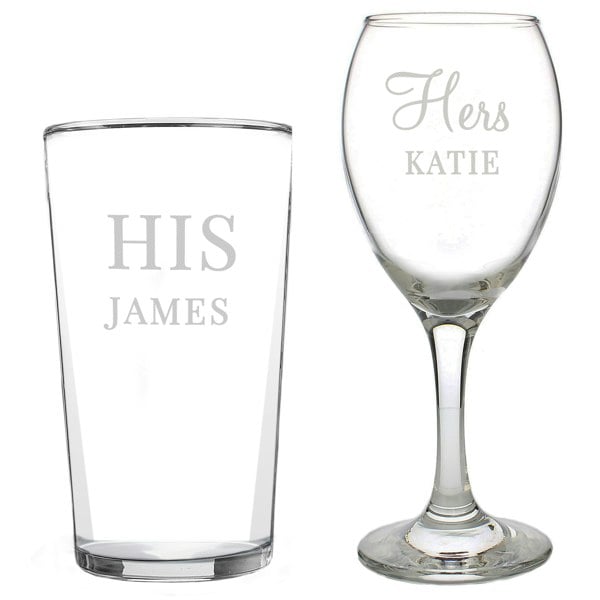 Personalised Memento Company Personalised His & Her Pint and Wine Glass Set