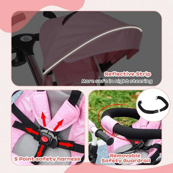 Pink push tricycle stroller seat with 5-point safety harness and removable guard
