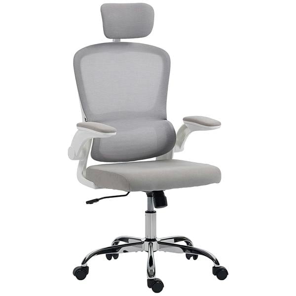 Grey office chair with mesh back and lumbar support, adjustable armrests and headrest