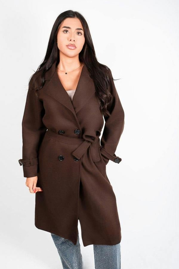 Avlina Double Breasted Belted Longline Coat - Brown