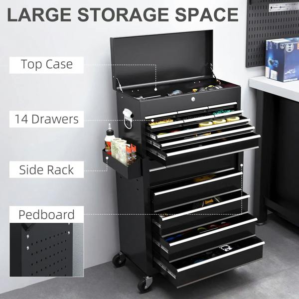 Black tool storage chest with 14 drawers, top case, and side rack plus pegboard