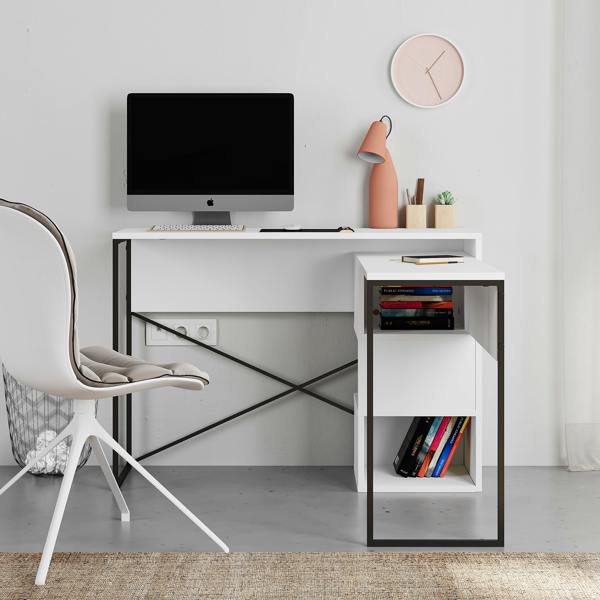 Decortie Modern Badau L-Shaped Computer Desk Metal Legs 3 Adjustable Storage Shelf Extra Table 110cm(W) Work PC Office